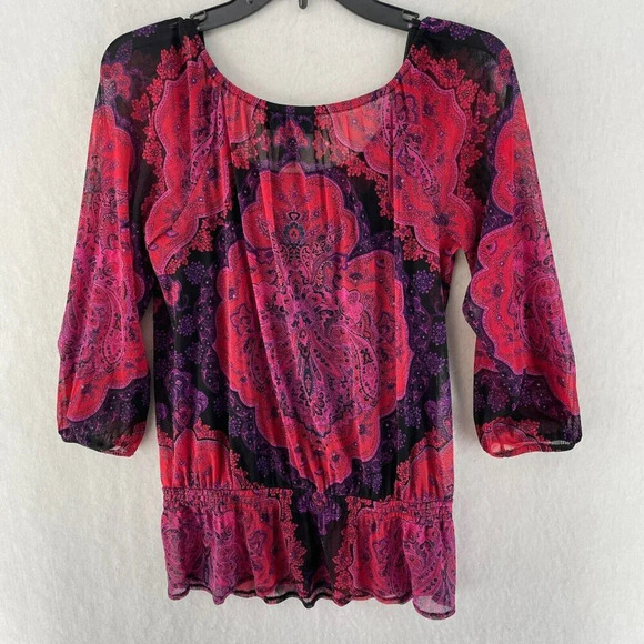 INC International Concepts Top Womens S Red Black Floral Paisley Studded Mesh - Picture 2 of 9